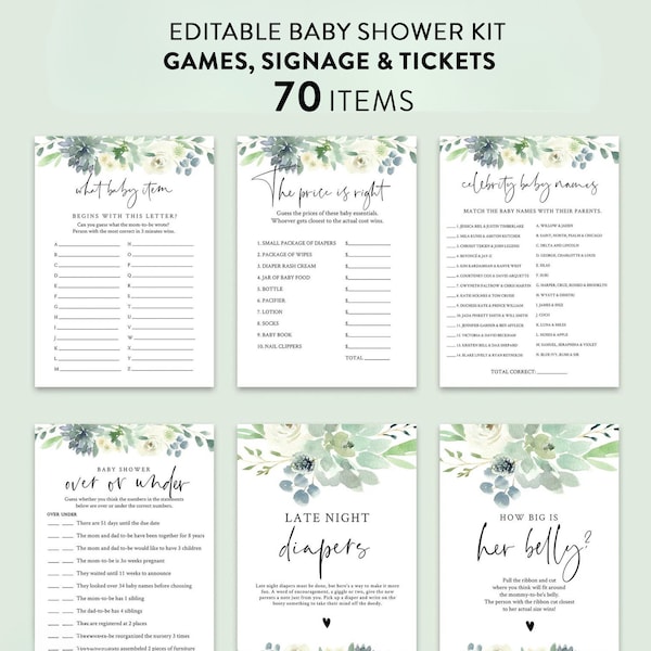 Succulent Baby Shower Games Pack, Floral Game Bundle, Greenery Set Games, Editable Text with Corjl #006