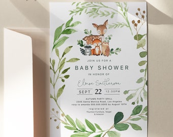 Faire-part de baby shower des bois, verdure neutre, texte modifiable Corjl #016