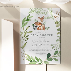 Woodland Baby Shower Invitation, Gender Neutral Greenery, Editable Text Corjl #016