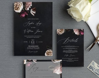 Moody Wedding Invitation Suite, RSVP and Details Card, Botanical Set Invites, Editable Text with Corjl #WDH045