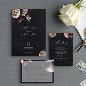 Moody Wedding Invitation Suite, RSVP and Details Card, Botanical Set Invites, Editable Text with Corjl #WDH045