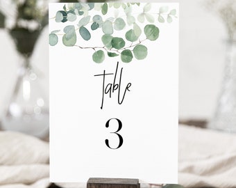 Greenery Eucalyptus Table Numbers Template, Greenery Wedding Table Number, Editable Text with Corjl  #321