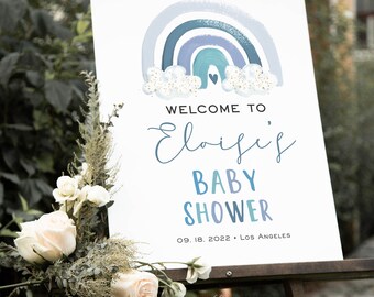 Blue Rainbow Welcome Baby Shower, Bohemian Boy Baby Shower, Edit Text with Corjl #0088