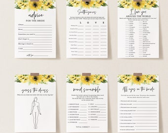 Sunflower Bridal Shower Game Bundle, Personalize Name and Questions, 36 Games, Rustic Yellow, Editable with Corjl #00101