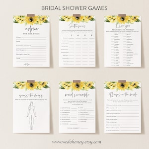 Sunflower Bridal Shower Game Bundle, Personalize Name and Questions, 36 Games, Rustic Yellow, Editable with Corjl #00101