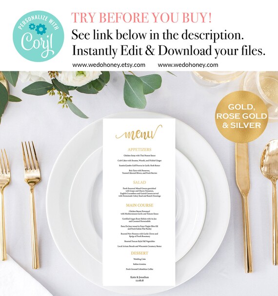 Gold Wedding Menu Cards, Menu Cards Wedding, DIY Menu Card, Gold Wedding Program, Gold, Rose Gold, Silver, Downloadable wedding #WDH312_22 Il_570xn