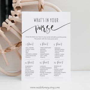 What's in Your Purse Game Printable Bridal Shower Game, Minimalist Bridal Party Games, Instant Download 34B