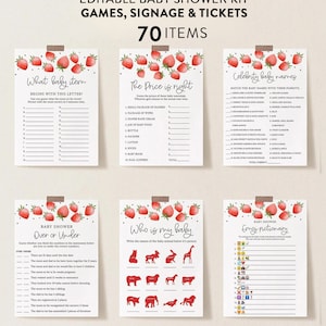 Strawberry Baby Shower Games Package Printable, Editable Games with Corjl #030