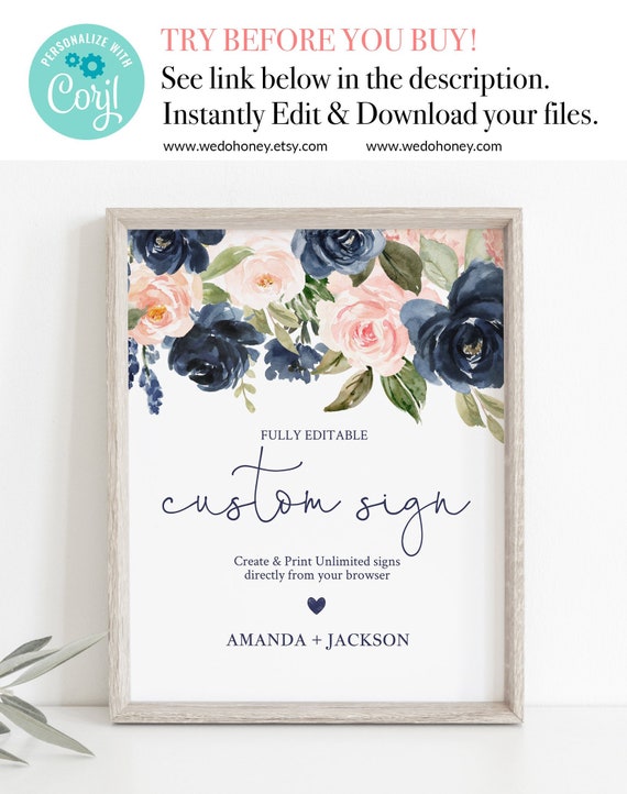 Floral Navy and Blush Pink Custom Sign Template, Personalized, Guest Book, Cards and Gifts, Fully Editable Text 5x7'' and 8x10'' #021_4 Il_570xn