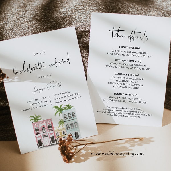 Charleston Bachelorette Weekend Itinerary, Wedding Rainbows, Agenda Weekend Events, South Carolina, Editable Text with Corjl #013