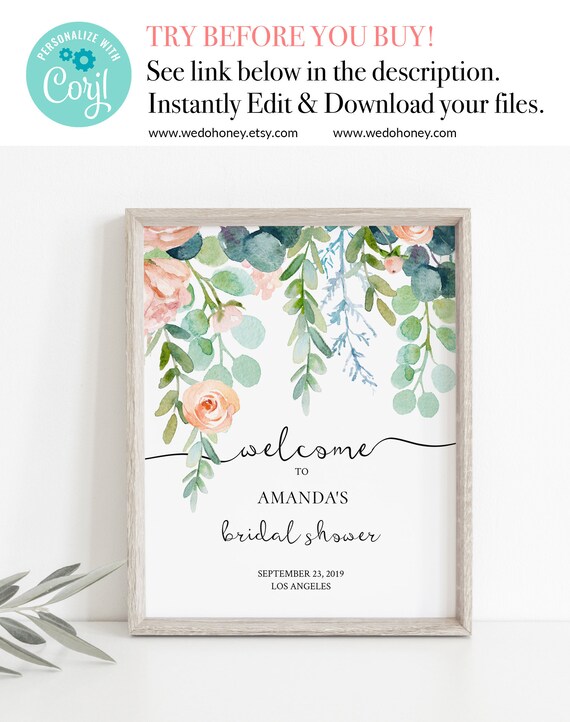 Garden Welcome Wedding Shower Sign Template, Greenery Floral, Pink Blush, Instant Download, Fully Editable Text Il_570xn