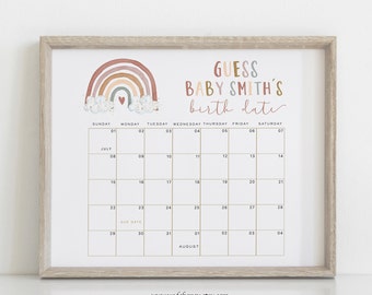 Rainbow Baby Due Date Calendar Game, Guess Baby's Birth Date Poster, Gender Neutral, Editable Text with Corjl #009