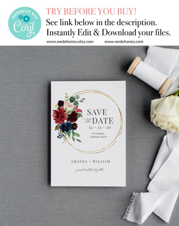 Printable Save the Date Template, Burgundy and Blush Florals, Fully Editable Text, Boho Wedding Il_570xn