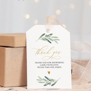 Gold Green Olive Thank You Tag, Greenery, Editable Text with Corjl, Instant Download #095