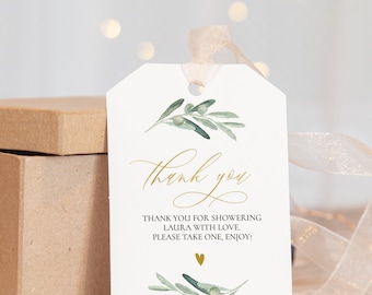 Gold Green Olive Thank You Tag, Greenery, Editable Text with Corjl, Instant Download #095