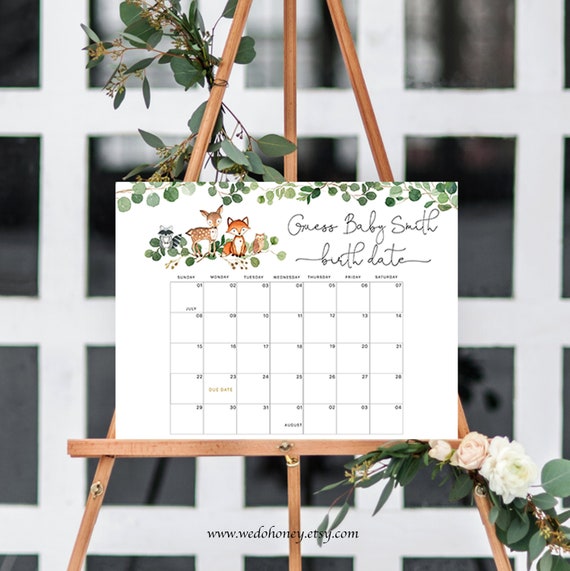 Woodland Animal Baby Due Date Calendar, Forest Animals, Guess Baby's Birthday, Editable Text with Corjl #016 Il_570xn
