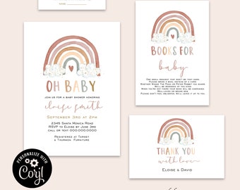 Rainbow Baby Shower Shower Bundle, Rainbow Invitation Set, Muted tones Invite,  Edit with Corjl #009