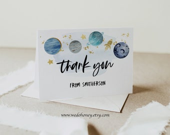 Editable Space Thank You Card Template, Blue Planets Moon Countdown, Flat or Folded, Instant Download, Editable Text with Corjl #77