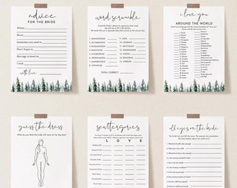 Pine Tree Bridal Shower Game Bundle, Winter Pine Bridal Games, 100 Items Customize Name and Questions, Editable Games with Corjl #033