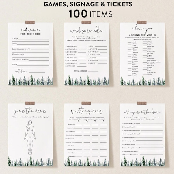Pine Tree Bridal Shower Game Bundle, Winter Pine Bridal Games, 100 Items Customize Name and Questions, Editable Games with Corjl #033