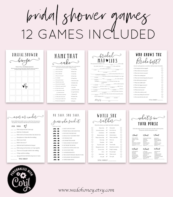 Bridal Shower Game Bundle, Personalize Name and Questions, Calligraphy, Editable Games with Corjl #041 Il_570xn