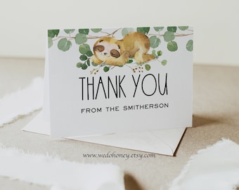 Sloth Thank You Folded Card Printable, Little Sloths Baby Shower Thank You Note, Folded or Flat, Editable Text with Corjl #0047