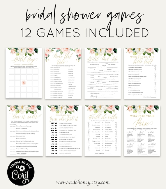 Floral Bridal Shower Games Bundle, Personalize Name and Questions, Pink and Gold, Editable Games with Corjl Il_570xn