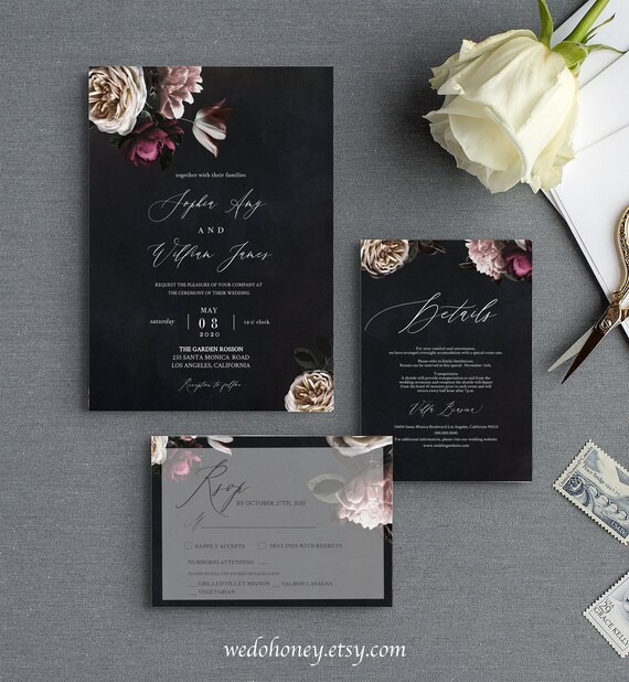Moody Wedding Invitation Suite, RSVP and Details Card, Botanical Set Invites, Editable Text with Corjl #WDH045 Il_570xn