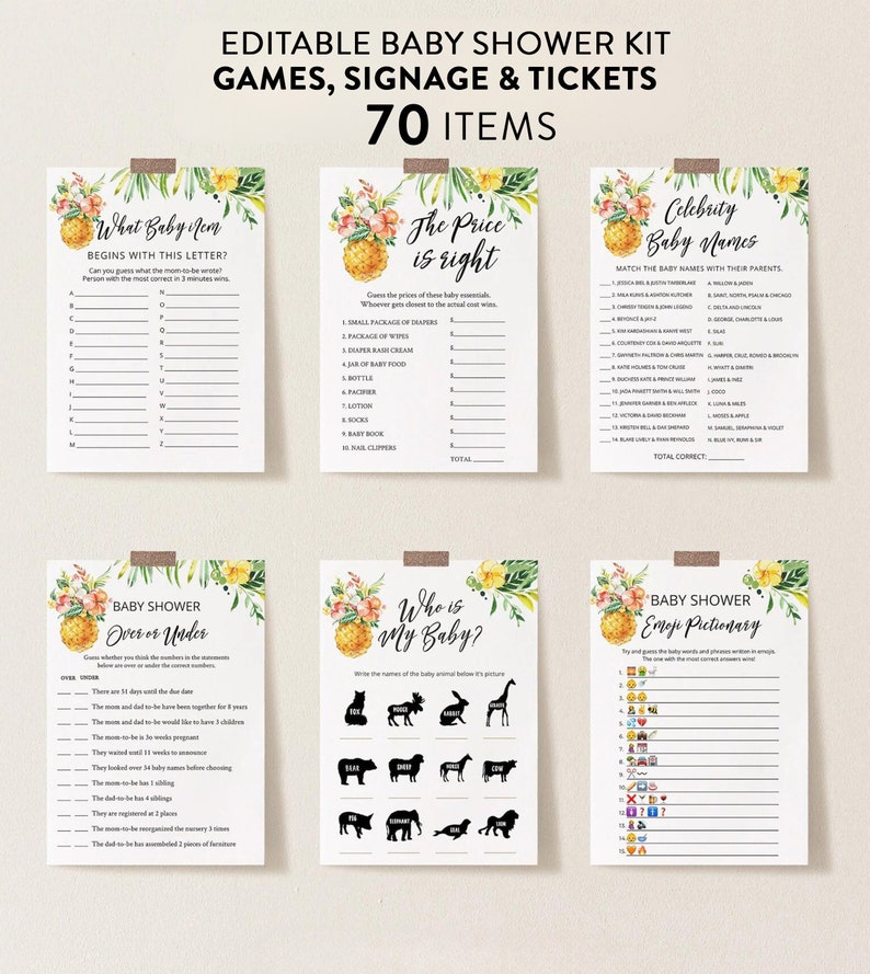 Pineapple Baby Shower Games Package, Aloha Baby Games, Editable Baby Games with Corjl image 1