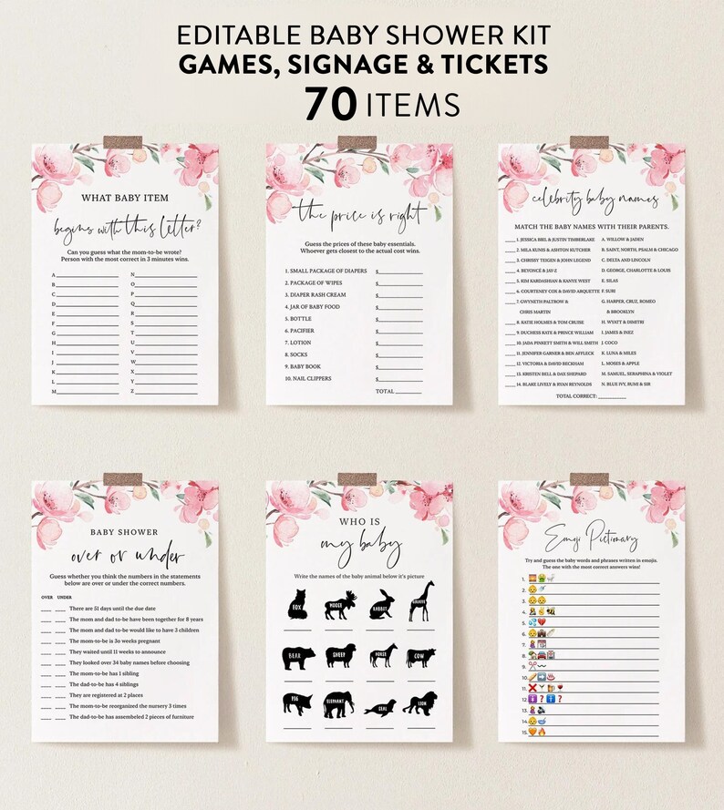 Spring Baby Shower Games Bundle, Sakura Blossoms, Editable Baby Games with Corjl 001 image 1