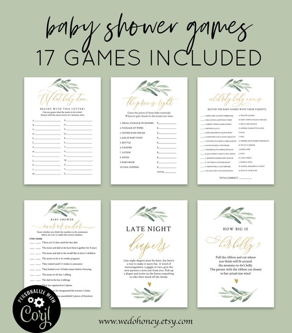 Greenery Gold Baby Shower Game Suite Baby Shower Game Package Shower Game Kit Game Set Baby Shower Game Bundle