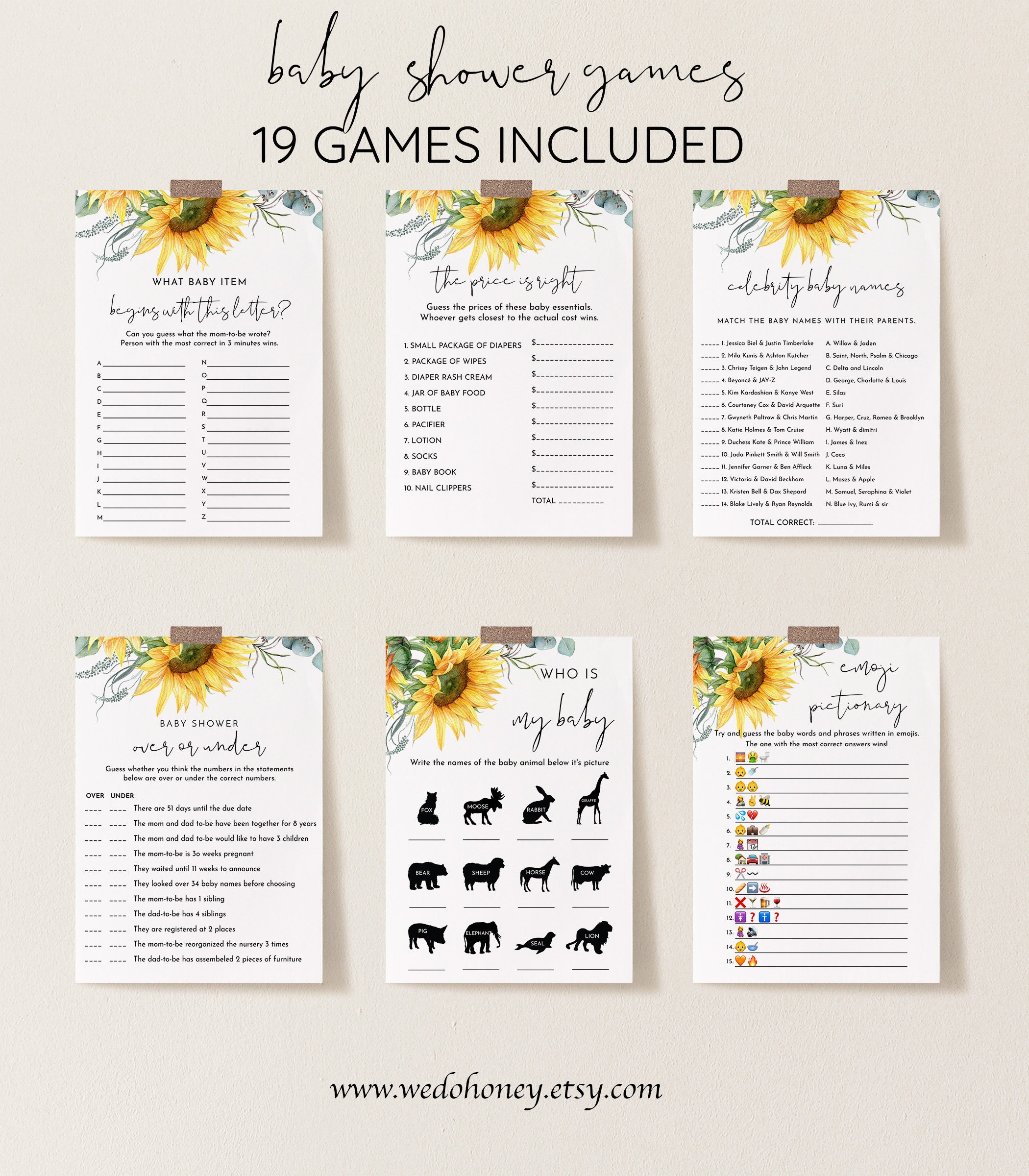 Matching Sunflower Baby Shower Invitation Instant Download Set of 6 Printable Baby Shower Games INSTANT DOWNLOAD