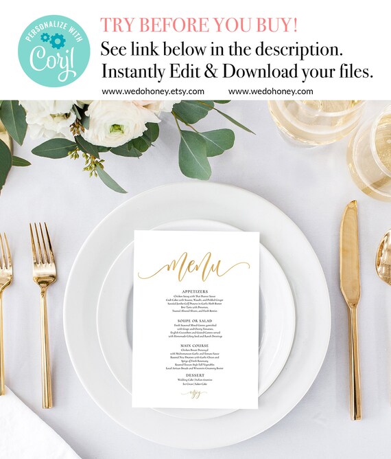 Gold Wedding Menu Printable, Template, Editable, Instant Download, 5x7'' and 3.75x9'' #0035 Il_570xn