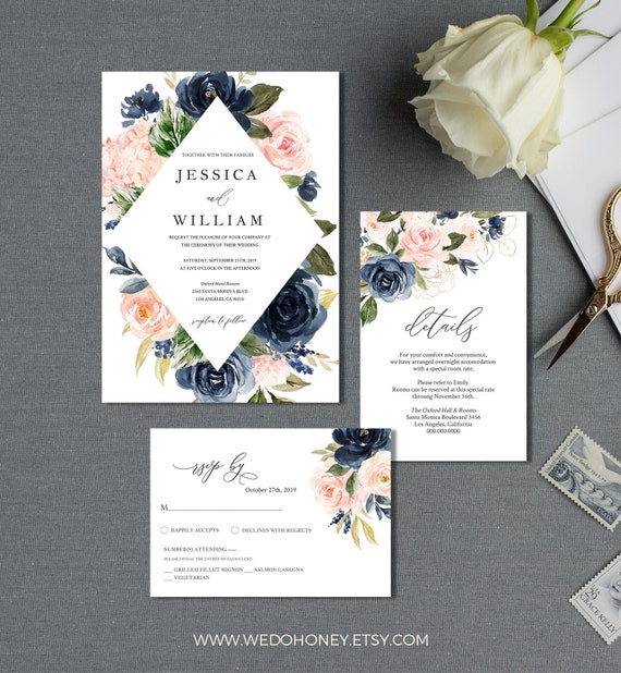 Blush and Navy Watercolor Wedding Invitation Suite, Template, Invite 5x7'', Details 4x6'' and 5X3.5'', RSVP 5x3.5 #021_1 Il_570xn