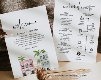 Charleston Welcome Timeline, Editable Itinerary, Rainbow Row Wedding Events, Welcome Bag Card, South Carolina #013