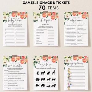 Peaches Baby Shower Games, White Floral Peach On The Way Game Bundle Printable, Edit Text wit  Corjl  #81