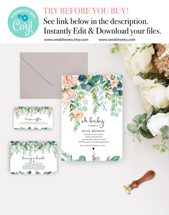 Garden Floral Baby Shower Invitation And Details Card Set Books For