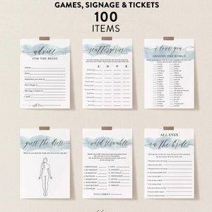 Editable Bridal Shower Game Bundle, Blue Swash, 100 Items, Personalize Name and Questions, Shower Activities,  Corjl #026