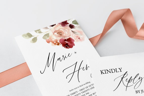 Florals Wedding Set Invitation, Burgundy and Blush Rose, Invitation 5x7'', RSVP 4x6'' and 5x3.5'' #065_8 Il_570xn