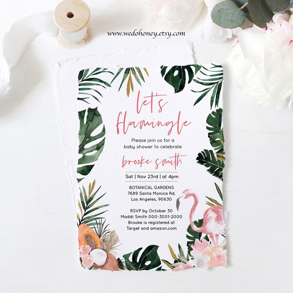 Editable Let's Flamingle Baby Shower Invitation, Flamingo Tropical, Beach Summer Baby Invite, Instant Download, Editable with Corjl #011 Il_570xn