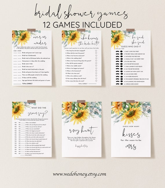 Rustic Sunflower Bridal Shower Games Bundle, Sunflowers Package, Personalize Name and Questions