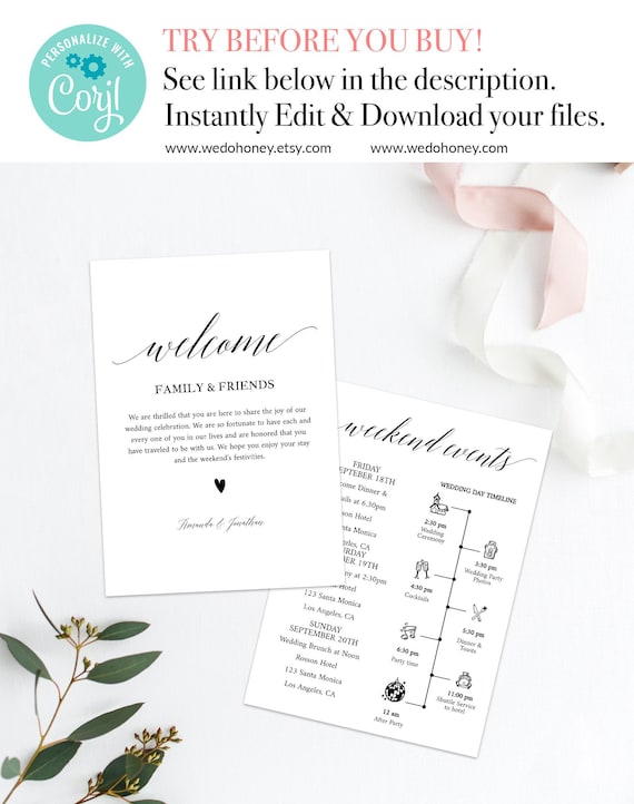 Wedding Itinerary Printable, Editable Welcome Bag, Wedding Timeline, Welcome Letter, Timeline Icons, Fully Editable, Instant Download #090_6 Il_570xn