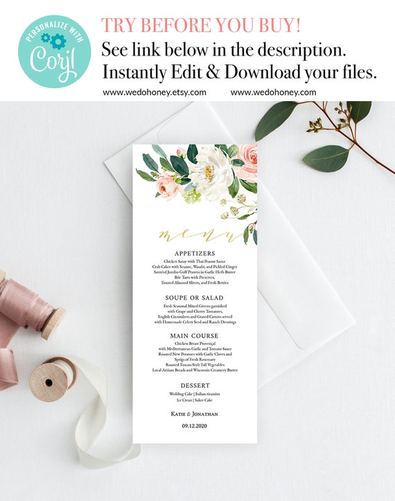 Wedding Menu Template, Blush Florals, Dinner Menu Card, Editable, Boho Wedding, Corjl, DIY Table Decor #058 Il_570xn