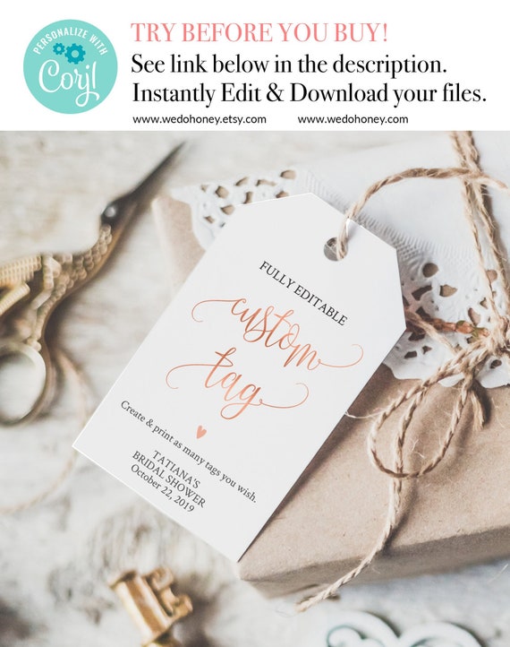 Rose Gold Favor Tag Template, Fully Editable Text, Instant Download, Calligraphy, Custom, Size: 2X3.25" and 2.75X4" Il_570xn