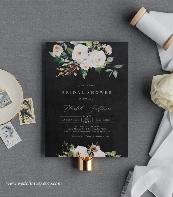 Floral Bridal Shower Invitation Template, Chalkboard Wedding Shower Invite, Fully Editable Text with Corjl Il_570xn