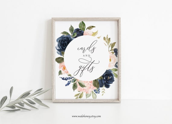 Navy Pink Blush Floral Cards & Gifts Sign Template, Fully Editable Text on Corjl #021 Il_570xn