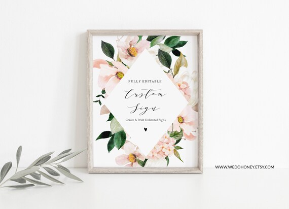 Pink Blush Floral Custom Sign, Pink Botanical, Editable Signs, Template, Instant Download Il_570xn