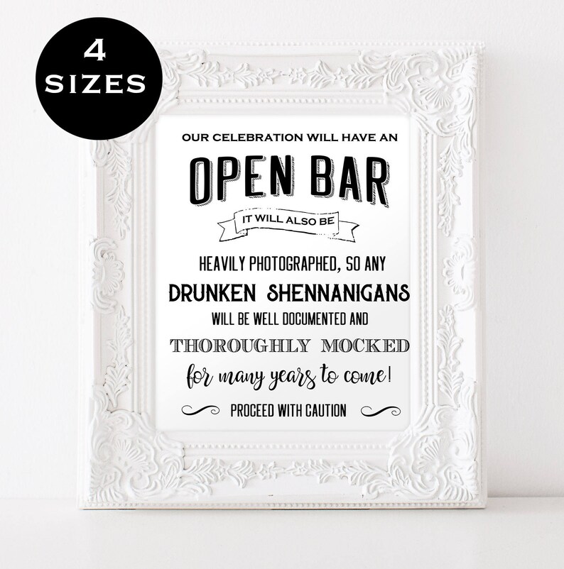Open Bar Wedding Sign Funny Wedding Sign Reception Bar image 1