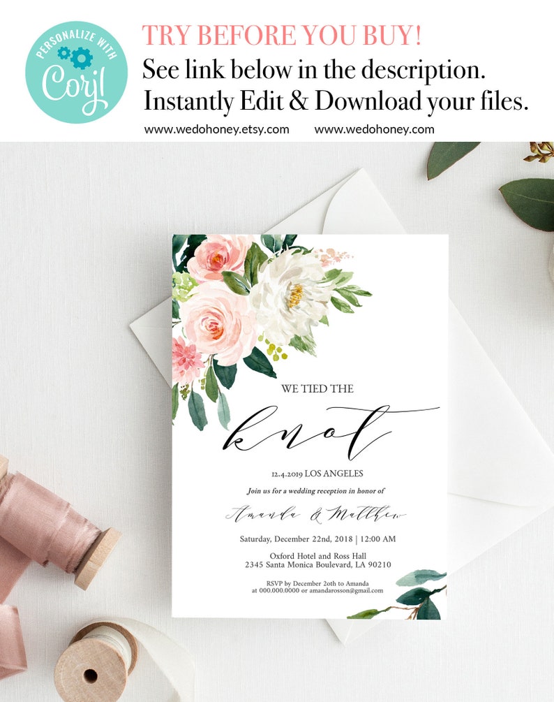 Post Wedding Reception Invitation We Tied The Knot Invitation Template Fully Editable Text Boho Floral Greenery Invitations