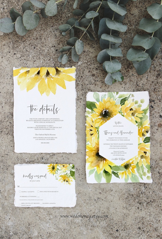 Sunflower Wedding Invitation Suite, Sunflowers Watercolor, Editable Template, Yellow and Greenery #00101_1 Il_570xn
